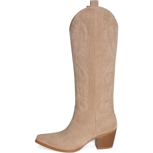 Women's Beige UBWDU Suede Cowboy Knee High Boots Pointed Toe Heel Embroidered - Picture 6 of 6